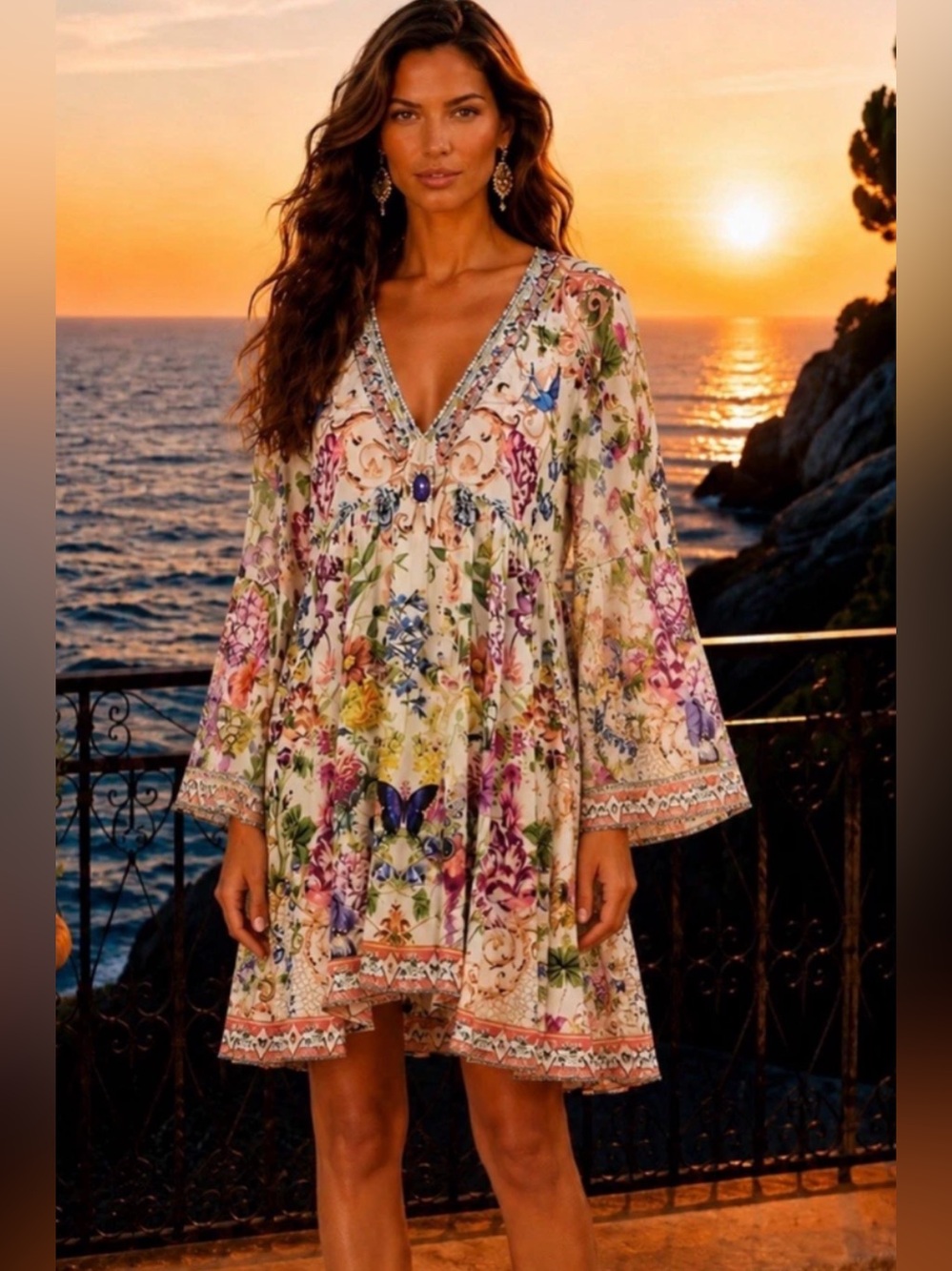CAMILLA Size S • V-neck Dream State Bat-wing sleeve dress/kaftan Beaded Gem.